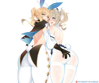2girls animal_ears ass ass_grab barbara_(genshin_impact) bare_shoulders blonde_hair blue_eyes blush come_hither deep_skin detached_sleeves drill_hair fake_animal_ears from_behind genshin_impact gloves huge_ass jean_(genshin_impact) long_hair looking_at_viewer looking_back multiple_girls naughty_face open_mouth pants pantyhose playboy_bunny ponytail rabbit_ears rabbit_tail shiny_skin siblings sisters smile tail tailcoat tight_clothes tight_pants tofuubear twin_drills twintails white_legwear