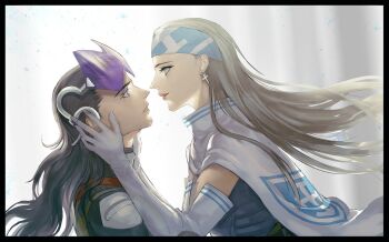 1boy 1girl aleph_(megami_tensei) armor beth_(megami_tensei) black_border black_hair black_shirt blue_shirt border bright_background cloak commentary_request cross cross_earrings cross_print earrings elbow_gloves floating_hair from_side gloves goggles goggles_on_head hands_on_another's_face hetero imminent_kiss jewelry long_hair looking_at_another o_c_x shin_megami_tensei shin_megami_tensei_ii shirt shoulder_armor upper_body white_cloak white_gloves