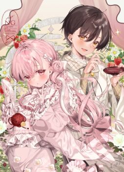 1boy 1girl bib_collar brown_hair chi_no collar commentary cup dress food frilled_collar frilled_sleeves frills fruit highres jacket long_hair long_sleeves looking_at_viewer open_mouth original pink_dress pink_eyes pink_hair pink_sash sakazuki sash short_hair snake strawberry symbol-only_commentary too_many too_many_frills white_collar white_jacket white_snake yellow_eyes