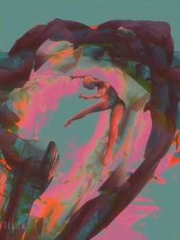 bald blue_background dancer dkaism faceless full_body head_down leotard limited_palette muted_color original outstretched_arms outstretched_legs painterly simple_background surreal