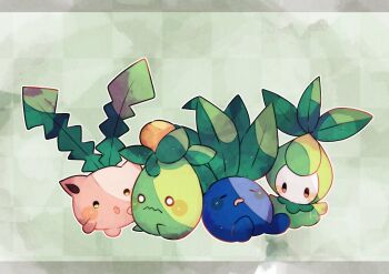 :o animal_focus blue_skin checkered_background closed_eyes colored_skin commentary_request gen_1_pokemon gen_2_pokemon gen_5_pokemon green_background green_skin hanabusaoekaki highres hoppip leaf letterboxed nintendo no_humans oddish olive petilil pink_skin pokemon pokemon_(creature) sitting sleeping smoliv solid_circle_eyes solid_oval_eyes wavy_mouth