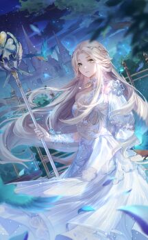 1girl animal_print artist_request bird bird_print blonde_hair blue_arm_warmers bracelet bush chair choker clover dress dutch_angle elf expressionless feet_out_of_frame fence first_light_of_dawn_(shining_nikki) floating_clothes floating_hair frilled_choker frilled_dress frills game_cg garden green_eyes head_wreath highres holding holding_scepter jewelry lace lace-trimmed_dress lace_arm_warmers lace_trim leaf light_particles long_dress multiple_bracelets night nikki_(series) official_art ophelia_(shining_nikki) outdoors pointy_ears puffy_short_sleeves puffy_sleeves scepter shining_nikki short_sleeves sky solo sparkle sparrow star_(sky) starry_sky striped_clothes striped_dress third-party_source tree vertical-striped_clothes vertical-striped_dress white_choker white_dress wind