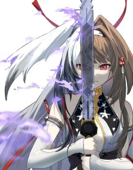 Rule 34 | animal ears, black hair, breasts, brown hair, chinese clothes, commentary request, detached sleeves, fox ears, fox girl, glasses, gradient hair, hair flaps, hair ornament, hands on hilt, headband, highres, holding, holding sword, holding weapon, long hair, multicolored hair, red eyes, reflection, shark oo24, sword, upper body, very long hair, weapon, white background, white hair, ye shiyuan, ye shunguang, zenless zone zero