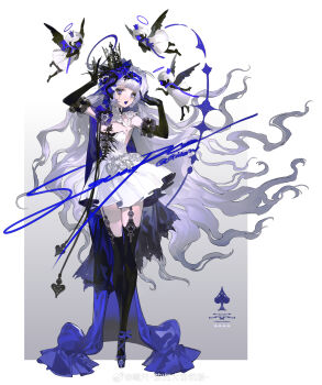 1girl absurdres bone crown dress gillannn gloves hair_tie highres jewelry long_hair original solo thighhighs