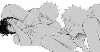 Rule 34 | 3boys, alternate scar, blush, clone, closed eyes, commentary, cunnilingus, cuntboy, cuntboy with male, english commentary, fang, fingering, greyscale, group sex, hands on another's chest, highres, licking, licking nipple, male focus, mastectomy scar, mmm threesome, monochrome, multiple boys, naruto (series), nipple stimulation, oral, pubic hair, red eyes, scar, scar on chest, short hair, skin fang, spiked hair, themidnights0ng, threesome, uchiha sasuke, uzumaki naruto, white background, yaoi
