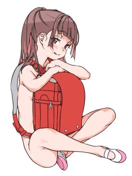 1girl :q backpack bag blush brown_eyes brown_hair flat_chest full_body haimura_kiyotaka highres loli looking_at_viewer navel nude original randoseru shoes simple_background sitting sketch solo tongue tongue_out two_side_up webp-to-png_conversion white_background