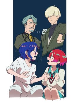 1girl 3boys absurdres amate_yuzuriha aqua_eyes aqua_shirt aqua_skirt beard black_shirt blonde_hair blue_hair blush challia_bull char_aznable closed_eyes closed_mouth collared_shirt colored_inner_hair facial_hair gloves green_jacket gundam gundam_gquuuuuux hair_over_one_eye highres jacket long_sleeves military_jacket military_uniform multicolored_hair multiple_boys mustache necktie open_mouth pants purple_hair red_eyes red_hair school_uniform shirouzu_(gundam) shirt short_hair shuji_ito skirt smile sweatdrop sweater turtleneck two-tone_hair two-tone_necktie white_gloves white_shirt youri_you_ri