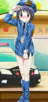 absurdres anime_screenshot blush boots cosplay embarrassed highres kamisama_dolls kuga_utao police police_uniform policewoman purple_eyes purple_hair short_hair