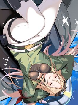 1girl arms_behind_head aviator_goggles black_camisole blonde_hair blue_eyes breasts camisole closed_eyes commentary drooling floating_hair goggles goggles_on_head green_jacket hair_between_eyes heights_(soulworker) highres jacket light_blush long_hair losvje1024 medium_breasts open_mouth pants partially_open_jacket pouch solo soulworker sparkle thigh_strap upside-down white_pants