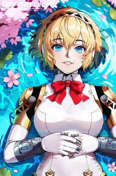 1girl absurdres aigis_(persona) android artist_name blonde_hair blue_eyes bow bowtie cherry_blossoms commentary damonfive0 english_commentary grin highres looking_at_viewer patreon_logo patreon_username persona persona_3 persona_3_reload red_bow red_bowtie short_hair smile solo water
