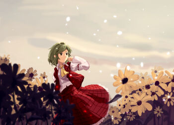 1girl ascot closed_mouth collared_shirt commentary evening field flower flower_field frilled_skirt frills furahata_gen green_hair highres kazami_yuuka long_sleeves looking_ahead petals plaid_clothes plaid_skirt plaid_vest red_skirt red_vest shirt short_hair skirt sleeve_garter smile solo standing sunflower sunflower_field swept_bangs touhou vest white_shirt yellow_ascot