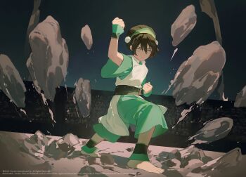 1girl 2025 avatar:_the_last_airbender avatar_legends barefoot black_hair black_hat child clenched_hands closed_mouth debris fighting_stance flat_chest green_robe green_wrist_cuffs grey_eyes hair_between_eyes hat highres lunging magic:_the_gathering nickelodeon official_art pom_pom_hat_ornament robe rock short_hair solo toph_beifong wrist_cuffs yueko_(jiayue_wu)