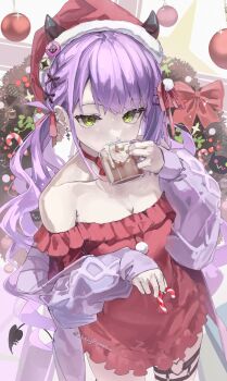 1girl blush choker christmas_present commentary cup demon_girl demon_horns dress gift green_eyes hair_ornament hat heart heart_o-ring highres holding holding_cup holding_gift hololive horns lazyramen long_hair looking_at_viewer o-ring o-ring_thigh_strap piercing red_choker red_dress red_hat santa_costume solo symbol-only_commentary tail tail_ornament tail_piercing thigh_strap tokoyami_towa very_long_hair virtual_youtuber x_hair_ornament