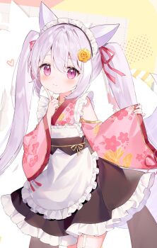 1girl absurdres animal_ears apron artist_request black_skirt cat_ears cat_girl closed_mouth commentary_request finger_to_cheek flat_chest floral_print floral_print_kimono flower hair_flower hair_ornament hair_ribbon high-waist_skirt highres inari_hinano index_finger_raised indie_virtual_youtuber japanese_clothes kimono light_blush looking_at_viewer maid maid_apron maid_headdress obi off_shoulder pink_kimono print_kimono purple_eyes red_ribbon ribbon rose sash simple_background skirt sleeves_past_wrists smile solo thigh_strap twintails virtual_youtuber white_apron white_hair wide_sleeves yellow_flower yellow_rose yukata