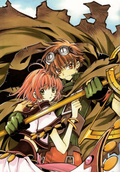 1boy 1girl absurdres brown_eyes brown_hair clamp frown gloves goggles goggles_on_head green_eyes green_gloves highres holding holding_weapon official_art sakura_hime short_hair staff tsubasa_chronicle weapon xiaolang