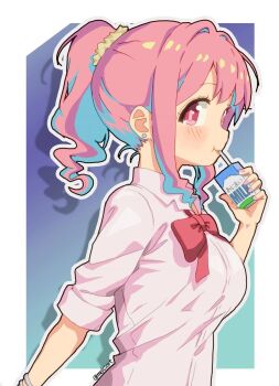 1girl :t artist_name blue_background blue_hair blush border bow bowtie breasts bright_pupils closed_mouth collared_shirt colored_sclera commentary_request drink_carton drinking drinking_straw drinking_straw_in_mouth earrings eyelashes from_side gyaru hair_intakes hair_ornament hair_scrunchie hand_up highres holding holding_milk_carton jewelry large_breasts long_sleeves looking_at_viewer loose_bowtie melciort milk_carton multicolored_hair onii-chan_wa_oshimai! outline oyama_mahiro pink_hair ponytail red_bow red_bowtie red_eyes revision scrunchie shirt sidelocks simple_background sleeves_rolled_up solo stud_earrings tareme twitter_username two-tone_hair upper_body wavy_hair white_border white_outline white_shirt wing_collar yellow_sclera yellow_scrunchie