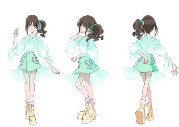 1girl boots commentary_request eyelashes green_skirt hair_ornament happy high_ponytail high_side_ponytail highres kknozomi1208 looking_at_viewer nekoyashiki_mayu one_eye_closed ponytail precure reference_sheet side_ponytail simple_background skirt smile solo standing white_background wonderful_precure!