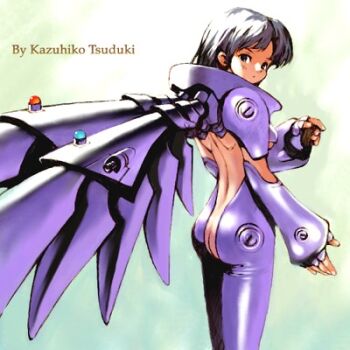 1girl armor artist_name ass back bad_id black_eyes black_hair bolt_(hardware) breasts butt_crack closed_mouth commentary cowboy_shot detached_sleeves fingerless_gloves from_behind gloves hand_up looking_at_viewer looking_back lowres mechanical_wings medium_breasts original purple_armor purple_gloves purple_sleeves short_hair solo standing tsuzuki_kazuhiko underboob wings