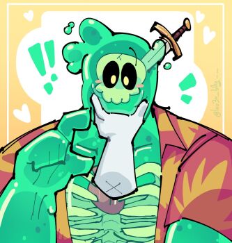 ! !! 1boy bara blush_stickers colored_skin disembodied_hand doug_(monster_prom) grabbing_another&#039;s_chin green_skin hand_on_another&#039;s_chin hand_up hawaiian_shirt lov3r_b0y male_focus monster_boy monster_prom notice_lines object_through_head open_clothes open_shirt pectoral_cleavage pectorals pov_adoring shirt slime_boy solo sword_in_head tareme upper_body
