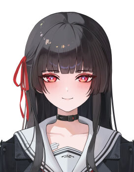 1girl absurdres black_choker black_hair blush bubble99 chisa_(wuthering_waves) choker closed_mouth collarbone commentary_request hair_ribbon highres korean_commentary long_hair looking_at_viewer mole mole_under_eye portrait red_eyes red_ribbon ribbon sailor_collar simple_background smile solo straight-on white_background white_sailor_collar wuthering_waves