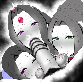 1boy 3girls bar_censor blush censored cooperative_fellatio crown erection eyelashes fellatio fffm_foursome forehead_jewel gem green_eyes greyscale group_sex jewelry large_penis lips long_hair looking_at_viewer malty_s_melromarc mature_female melty_q_melromarc mirelia_q_melromarc monochrome mother_and_daughter multiple_girls nose_bubble oral oyakodon_(sex) penis pink_lips pov pov_crotch princess pubic_hair purple_eyes queen red_lips rienia saliva saliva_trail shimaidon_(sex) siblings sisters spot_color stray_pubic_hair sweat tate_no_yuusha_no_nariagari teamwork_(sexual) testicle_sucking testicles veins veiny_penis very_sweaty
