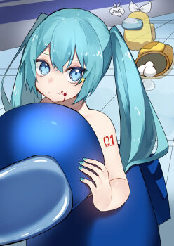 1girl absurdres among_us blood blood_on_face blue_eyes blue_hair bone bow commentary_request costume crewmate_(among_us) eyelashes giving_up_the_ghost hatsune_miku highres implied_nudity kagamine_rin long_hair looking_at_viewer reirou_(chokoonnpu) shoulder_tattoo sparkle tattoo tile_floor tiles twintails very_long_hair vocaloid white_bow