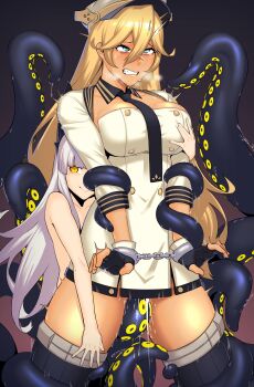 2girls ^^^ absurdres ahegao azur_lane black_gloves black_legwear black_necktie blonde_hair blush bound bound_wrists breasts clenched_teeth closed_mouth copyright_request dyun fingerless_gloves gloves grabbing_another&#039;s_breast grabbing_from_behind green_eyes groping hair_between_eyes hat height_difference highres large_breasts long_hair long_sleeves multiple_girls necktie nude purple_hair pussy_juice rolling_eyes siren_(azur_lane) smile tears teeth tennessee_(azur_lane) tentacle_sex tentacles thighhighs yellow_eyes yuri