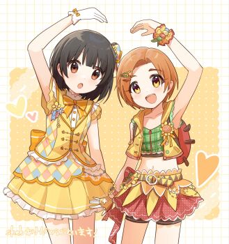 2girls :d :o arm_up black_hair blush brown_eyes commentary commission cowboy_shot fingerless_gloves gloves grid_background hair_ornament hairclip heart heart_arms heart_arms_duo highres idolmaster idolmaster_cinderella_girls idolmaster_million_live! jacket looking_at_viewer midriff multiple_girls nakatani_iku navel nnnn open_mouth orange_hair red_skirt ryuzaki_kaoru short_hair side-by-side single_fingerless_glove skeb_commission skirt smile standing translation_request untranslatable_commentary vest white_gloves yellow_eyes yellow_jacket yellow_skirt yellow_vest