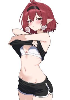 1girl absurdres antenna_hair armpit_crease bare_shoulders black_hairband black_shirt black_shorts bra breasts cowboy_shot dolphin_shorts dungeon_and_fighter female_mage_(dungeon_and_fighter) hairband heavy_breathing highres looking_at_viewer navel oldsickkim pointy_ears red_eyes red_hair shirt short_hair short_shorts shorts simple_background sleeveless sleeveless_shirt small_breasts solo stomach summoner_(dungeon_and_fighter) sweat underwear undressing white_background white_bra