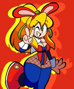 1girl absurdres blonde_hair capcom fishnets green_eyes highres jaktroose leotard mega_man_(series) ponytail rabbit_ears roll_(mega_man) shoes thighhighs