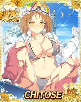 1girl beanie black_bra black_panties blush bra breasts brown_hair card_(medium) chitose_(senran_kagura) cleavage game_cg goggles goggles_on_head goggles_on_headwear hat large_breasts looking_at_viewer mittens navel non-web_source official_alternate_costume official_art panties senran_kagura senran_kagura_new_wave short_hair snow snowboard snowboarding solo surprised torn_clothes underwear winter_clothes yellow_eyes
