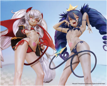 2girls 3d :q absurdres arm_strap armpits bare_shoulders bikini blue_bikini bombergirl breasts cameltoe commentary_request crown dark_persona demon_girl demon_horns demon_tail demon_wings drill_hair evo_grim fangs feet_out_of_frame figure_available grim_aloe hair_between_eyes heart heart-shaped_pupils heart_tail heart_tattoo highres horns jacket leslyzerosix lewisia_aquablue long_hair looking_at_viewer low_wings merchandise_available multiple_girls naughty_face navel off_shoulder open_clothes open_jacket open_mouth pointing pubic_tattoo quiz_magic_academy red_bikini red_eyes red_horns red_tail red_wings skindentation small_breasts swimsuit symbol-shaped_pupils tail tattoo teeth tongue tongue_out twin_drills twintails wet white_hair wings yellow_eyes
