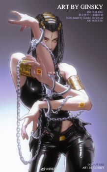 Rule 34 | 1girl, absurdres, armlet, artist name, bare shoulders, belt buckle, black hair, black pants, black vest, braid, breasts, buckle, chain, chinese commentary, commentary request, contrapposto, cowboy shot, cuffs, dark-skinned female, dark skin, dreadlocks, ermes costello, extra arms, ginsky2000, hair ornament, handcuffs, highres, jewelry, jojo no kimyou na bouken, leather, leather pants, leather vest, long hair, looking at viewer, medium breasts, multiple braids, pants, solo, sticker, stone ocean, vest, yellow eyes