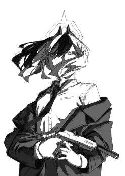 1girl a_(mitei7926) blue_archive coat collared_shirt commentary_request covered_mouth floating_hair greyscale gun h&amp;k_p30 halo handgun highres holding holding_gun holding_weapon horns kayoko_(blue_archive) long_hair long_sleeves looking_to_the_side monochrome multicolored_hair necktie off_shoulder own_hands_together shirt short_hair solo suppressor two-tone_hair upper_body weapon wind