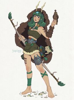 Rule 34 | absurdres, antlers, arrow (projectile), artemis (hades), barefoot, belt, body blush, breasts, brown eyes, commentary, crescent, crescent hair ornament, english commentary, fur-trimmed skirt, fur trim, green hair, hades (series), hair ornament, hair over shoulder, highres, horns, jewelry, jupiemm, low twintails, miniskirt, narrow waist, quiver, skirt, slim legs, small breasts, standing, strapless, thick bangs, thighlet, tube top, twintails