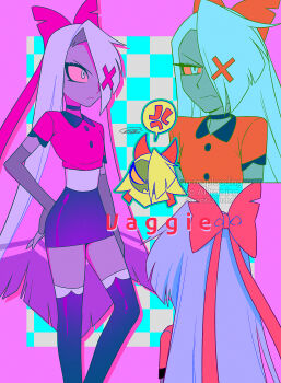 1girl absurdres anger_vein aqua_background aqua_outline black_choker black_skirt black_thighhighs border bow checkered_background choker clenched_teeth closed_mouth collared_shirt colored_sclera colored_skin colored_tips commentary_request contrast_collar cropped_torso elbow_gloves feet_out_of_frame film_grain fingerless_gloves from_behind gloves grey_background grey_gloves grey_hair grey_skin hair_bow hand_on_own_hip hazbin_hotel hellaverse highres long_hair menma_(enaic31) miniskirt multicolored_hair multiple_views outline outside_border pencil_skirt pink_border pink_bow pink_shirt red_sclera shirt signature simple_background skirt spoken_anger_vein standing teeth thighhighs two-tone_background two-tone_hair upper_body v-shaped_eyebrows vaggie very_long_hair watermark white_eyes white_hair zettai_ryouiki