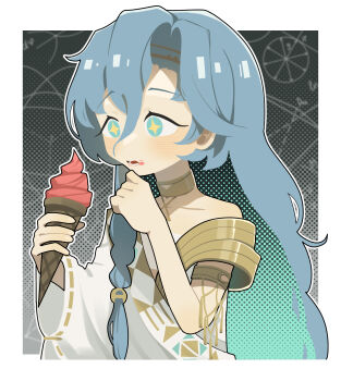 Rule 34 | + +, 1girl, 37 (reverse:1999), ancient greek clothes, armlet, blue eyes, blue hair, border, daku k, food, food on face, geometry, gold choker, greco-roman clothes, grey background, hair between eyes, halftone, hands up, highres, holding, holding food, holding ice cream, ice cream, jewelry, long hair, looking at food, math, open mouth, outside border, reverse:1999, single off shoulder, solo, upper body, very long hair, white border