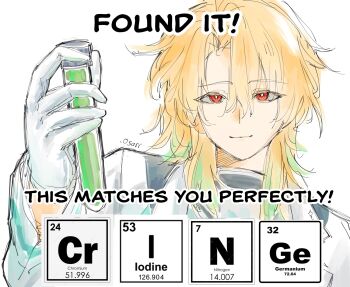 .osari 1boy artist_name blonde_hair bright_pupils closed_mouth english_text gloves hair_between_eyes highres holding holding_test_tube long_hair looking_at_viewer luuk_herssen_(wuthering_waves) male_focus multicolored_hair periodic_table red_eyes simple_background sketch smile solo streaked_hair test_tube upper_body white_background white_gloves white_pupils wuthering_waves