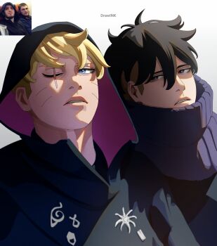 2boys adoptive_siblings artist_name black_hair black_hoodie blonde_hair blue_eyes boruto:_two_blue_vortex brothers commentary drawink facial_mark frown highres hood hoodie kawaki_(boruto) konohagakure_symbol male_focus multiple_boys naruto_(series) one_eye_closed parted_lips photo_inset pin purple_scarf scar scar_across_eye scar_on_face scarf siblings undercut uzumaki_boruto whisker_markings