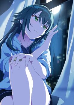 Rule 34 | 1girl, bandaid, bandaid on knee, bandaid on leg, blue hair, earphones, expressionless, full moon, gakuen idolmaster, gesugesu ahoaho, green eyes, hashtag-only commentary, highres, idolmaster, indoors, long hair, moon, night, sitting, sky, solo, star (sky), starry sky, tsukimura temari, window