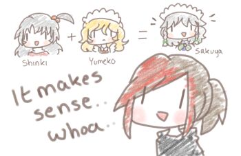 4girls artist_self-insert bad_deviantart_id bad_id blonde_hair braid english_text female_focus gradient_hair izayoi_sakuya muffinchu multicolored_hair multiple_girls mystic_square shinki_(touhou) silver_hair touhou touhou_(pc-98) white_background yumeko_(touhou)