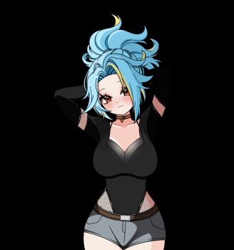 1girl animated animated_gif artist_request belt black_leotard blinking blonde_hair blue_hair breasts fishnets indie_virtual_youtuber jiggle large_breasts leotard long_sleeves luminusred multicolored_hair ponytail red_eyes shorts sleeveless swaying two-tone_hair virtual_youtuber