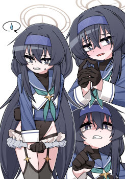 1girl black_garter_straps black_gloves black_hair black_leotard black_thighhighs blue_archive blue_shrug blush clenched_teeth commentary_request cosplay covered_navel cowboy_shot fey_(whitepaper) garter_straps gloves green_neckerchief hairband halo highres korean_commentary leotard looking_at_viewer multiple_views neckerchief shimiko_(blue_archive) shimiko_(blue_archive)_(cosplay) shimiko_(magical)_(blue_archive) shrug_(clothing) simple_background skirt skirt_tug spoken_sweatdrop sweatdrop teeth thighhighs twiddling_fingers ui_(blue_archive) white_background