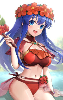 1girl :d arm_support bikini blue_eyes blue_hair blush breasts cleavage commentary fire_emblem fire_emblem:_the_binding_blade fire_emblem_heroes flower gloves gonzarez hair_flower hair_ornament hand_up hat head_wreath headband highres holding large_breasts lilina_(fire_emblem) lilina_(summer)_(fire_emblem) looking_at_viewer navel nintendo official_alternate_costume open_mouth red_bikini red_flower revision smile solo stomach swimsuit thighs water
