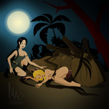 2girls alien artist_name backpack bag belt black_hair blonde_hair boots breasts bug completely_nude corpse cum cum_on_body dark_nipples full_moon furrowed_brow gun hand_on_another's_stomach highres holding holding_gun holding_weapon hollow_eyes knee_up legs_together looking_at_another low_ponytail lying madscientist medium_breasts moon multiple_girls night nipples nude on_ground on_one_knee on_side open_mouth original palm_tree pasiphae_project penis ponytail pregnant sharp_teeth short_hair shorts signature squatting strap_slip surprised tank_top teeth tongue tongue_out tousled_hair tree vector_art weapon