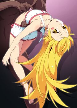 1boy 1girl age_difference arched_back arms_around_another&#039;s_waist arms_around_waist arms_at_sides ass ass_focus bare_legs bare_shoulders barefoot blonde_hair blush bow bow_bra bow_panties bra carrying carrying_person clothed_female_nude_male collarbone completely_nude dark-skinned_male dark_skin edging_bra edging_panties edging_underwear expressionless fang feet flat_chest from_side full_body gesugesu_ahoaho gradient_background halterneck hand_on_another&#039;s_stomach hanging_legs hanging_on_arm height_difference highres imminent_fellatio imminent_kiss imminent_penetration imminent_rape knee_blush kneepits leaning_back legs loli long_hair looking_at_viewer looking_to_the_side midriff monogatari_(series) navel nude open_mouth oshino_shinobu panties pedophile pink_bow pink_ribbon ribbon sexually_suggestive stomach thighs thighs_focus toes underwear vampire very_long_hair white_bra white_panties yellow_eyes