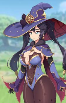 Rule 34 | 1girl, black hair, blurry, blurry background, breast expansion, breasts, dekapaiyukari, detached sleeves, genshin impact, gloves, gold, green eyes, hat, kloah, large breasts, leotard, long hair, mona (genshin impact), pantyhose, serious, thighs, twintails, witch hat
