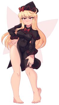 Rule 34 | 1girl, annoyed, barefoot, black capelet, black dress, black hat, blonde hair, bow, breasts, capelet, closed mouth, commentary request, dress, fairy, fairy wings, full body, furrowed brow, half-closed eyes, hand on own hip, hand on own thigh, hat, hat bow, highres, jackyyeah, lily black, lily white, long hair, long sidelocks, long sleeves, looking at viewer, medium breasts, no panties, red bow, red eyes, ribbon-trimmed dress, ribbon trim, shirt, sidelocks, simple background, solo, standing, touhou, white background, wings