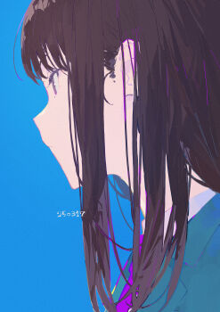 1girl absurdres blue_dress brown_hair commentary_request dress from_side highres long_hair necktie original portrait purple_necktie shiloroshi solo