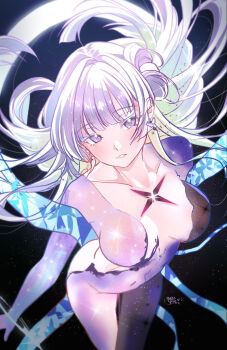 1girl breasts commentary english_commentary goddess_of_victory:_nikke highres long_hair looking_at_viewer medium_breasts mole mole_under_eye navel nayuta_(nikke) nekoponart official_alternate_costume solo thick_eyelashes unusually_open_eyes white_hair